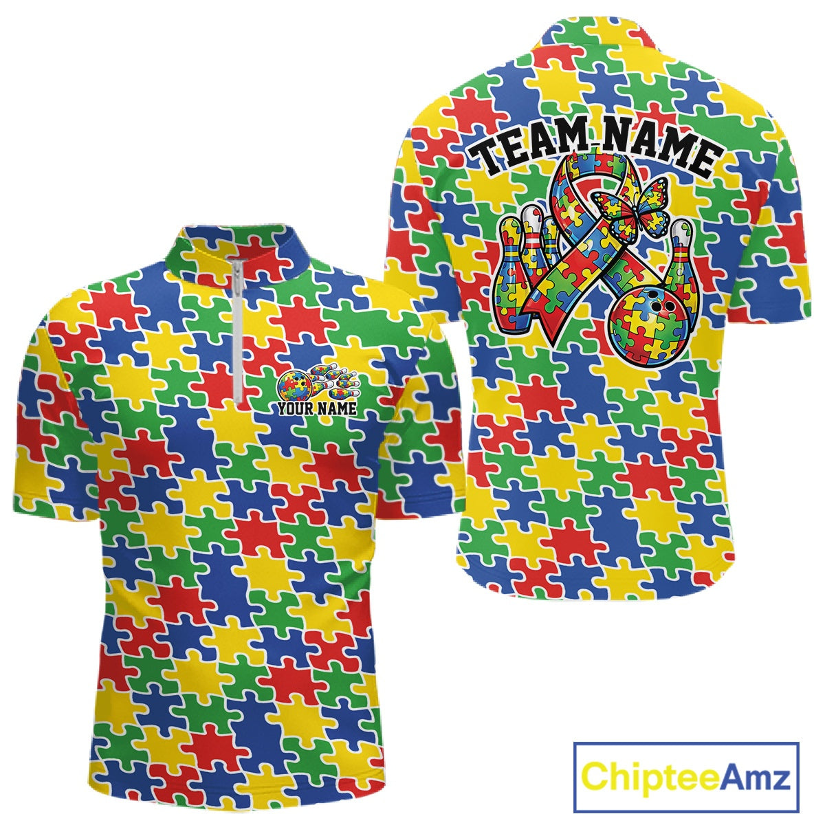 Front and back view of a men’s quarter-zip bowling shirt mockup featuring seamless multicolored puzzle piece print in red, blue, green, and yellow.
