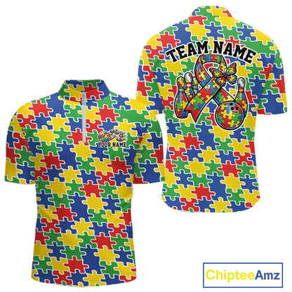 Front and back view of a men’s quarter-zip bowling shirt mockup featuring seamless multicolored puzzle piece print in red, blue, green, and yellow.