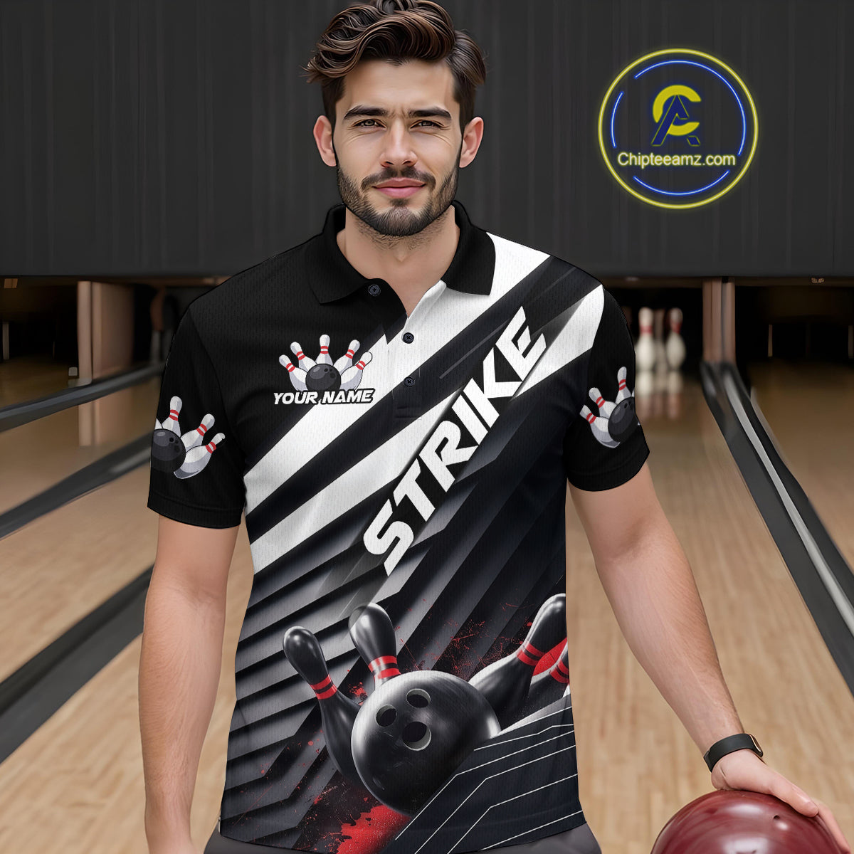 Custom Black And Red Strike Bowling Polo Shirts For Men, Bowling Team Uniform IPHW9627