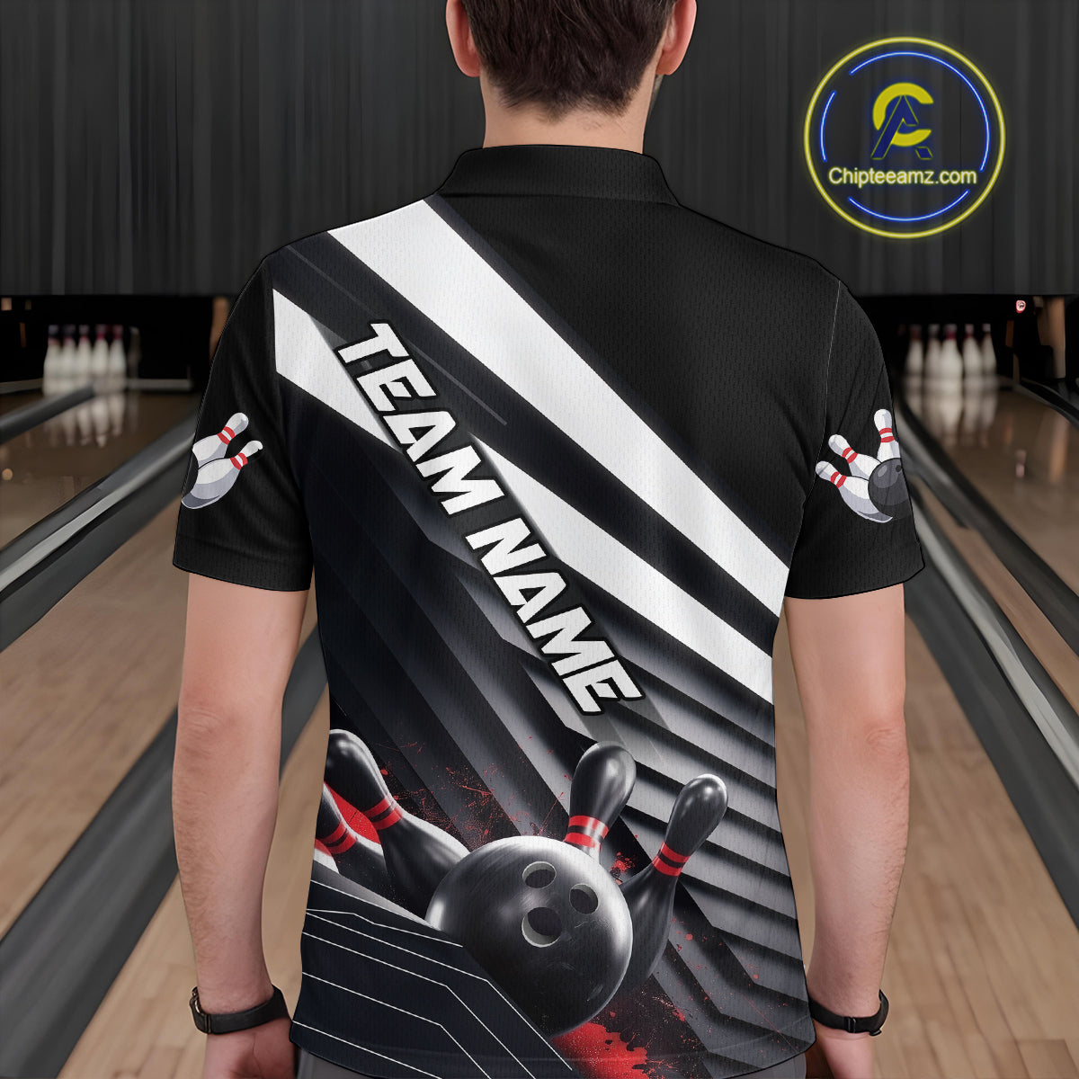 Custom Black And Red Strike Bowling Polo Shirts For Men, Bowling Team Uniform IPHW9627