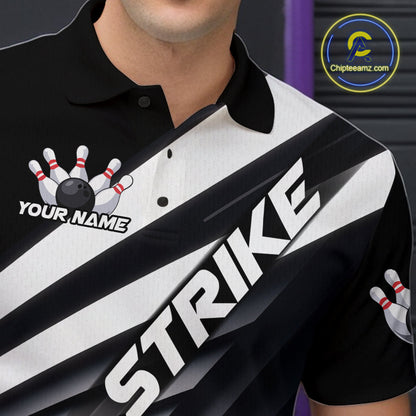 Custom Black And Red Strike Bowling Polo Shirts For Men, Bowling Team Uniform IPHW9627