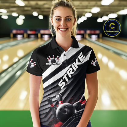 Custom Black And Red Strike Bowling Polo Shirts For Women, Bowling Team Uniform IPHW9627