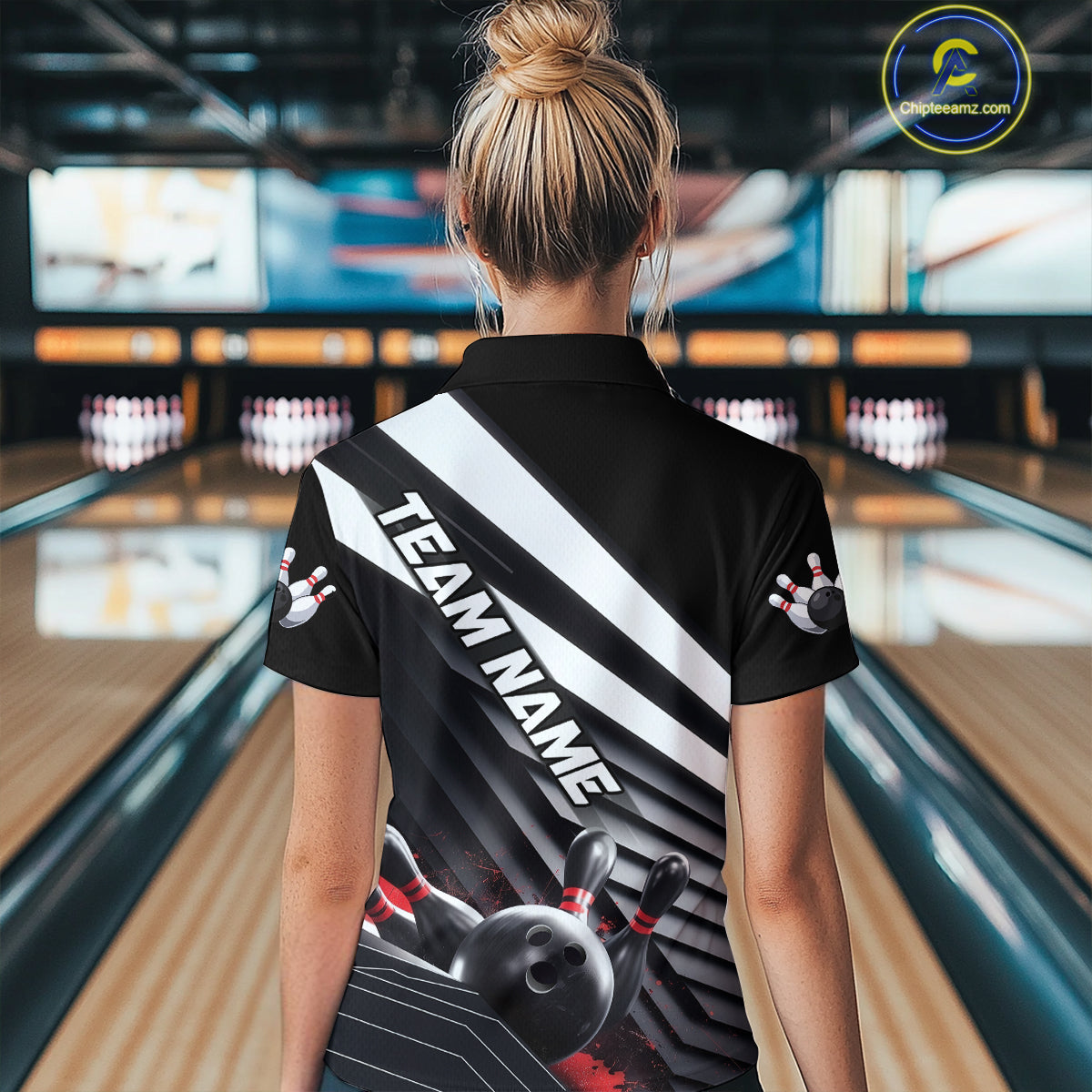 Custom Black And Red Strike Bowling Polo Shirts For Women, Bowling Team Uniform IPHW9627