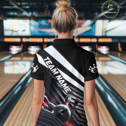 Custom Black And Red Strike Bowling Polo Shirts For Women, Bowling Team Uniform IPHW9627