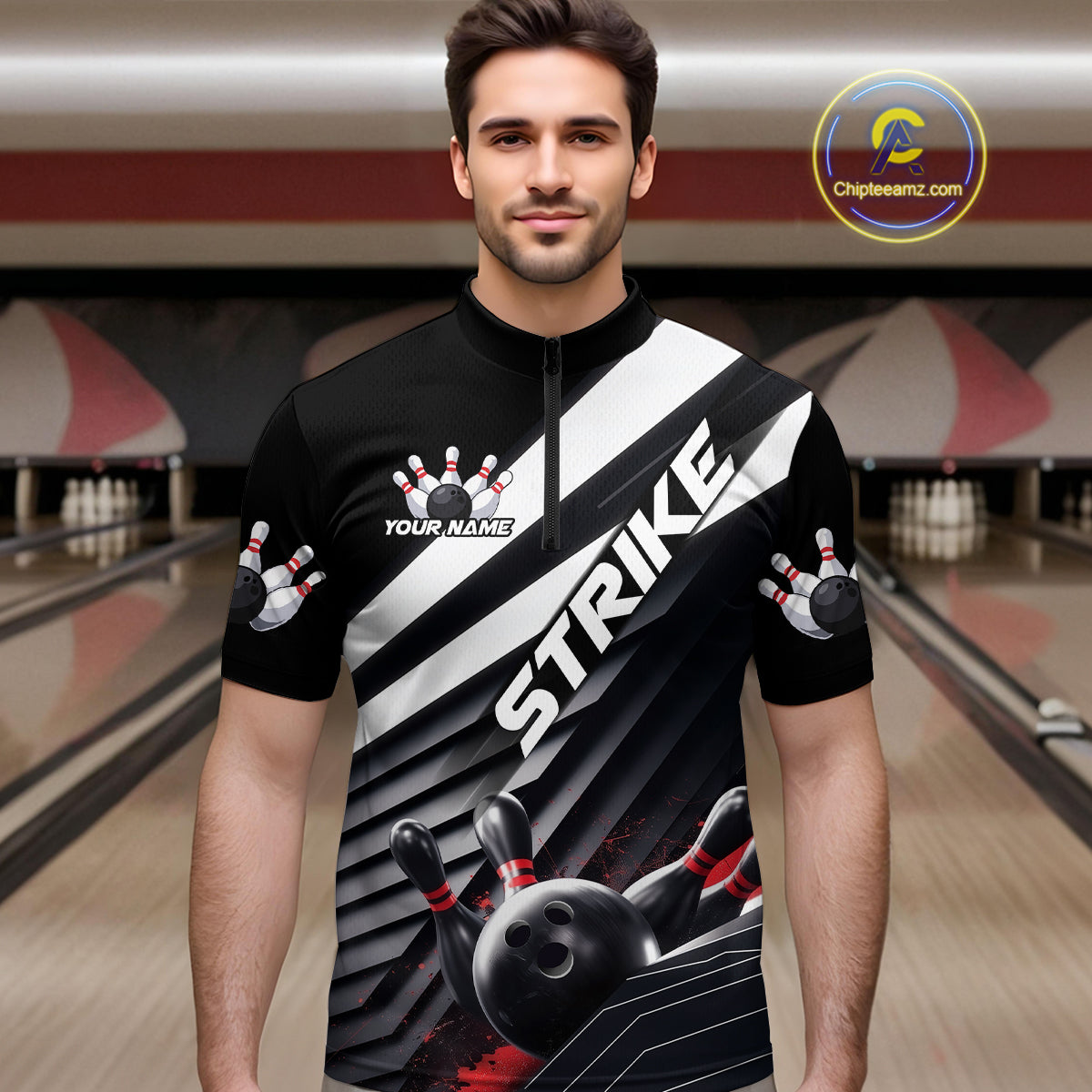 Custom Black And Red Strike Bowling Quarter-Zip Shirts For Men, Bowling Team Uniform IPHW9627