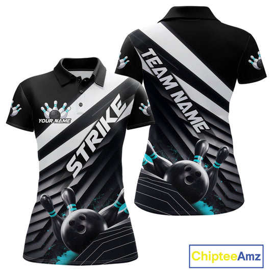Custom Black And Blue Strike Bowling Polo Shirts For Women, Bowling Team Uniform IPHW9628