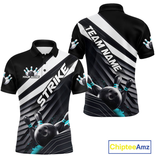 Custom Black And Blue Strike Bowling Polo Shirts For Men, Bowling Team Uniform IPHW9628