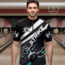 Load image into Gallery viewer, Custom Black And Blue Strike Bowling Quarter-Zip Shirts For Men, Bowling Team Uniform IPHW9628