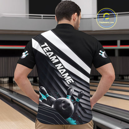 Custom Black And Blue Strike Bowling Quarter-Zip Shirts For Men, Bowling Team Uniform IPHW9628