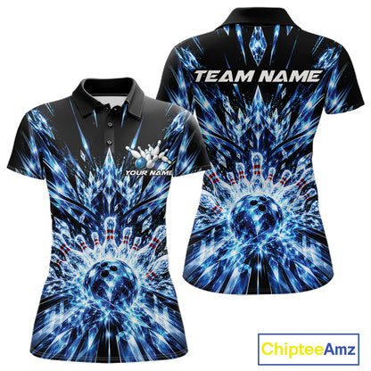 Custom Icy Blue Crystal Ice Bowling League Team Polo Shirt For Women, Bowling Jersey IPHW12440