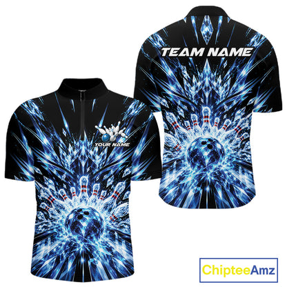 Custom Icy Blue Crystal Ice Bowling League Team Quarter Zip Shirt For Men, Bowling Jersey IPHW12440