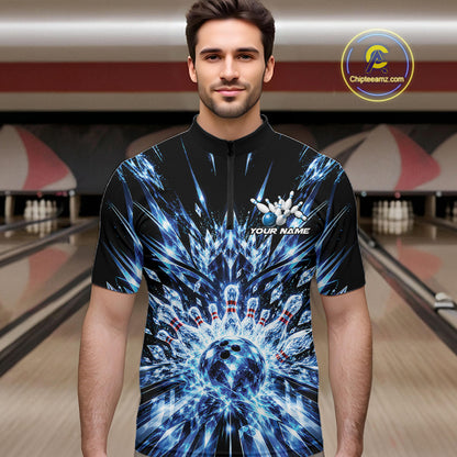 Custom Icy Blue Crystal Ice Bowling League Team Quarter Zip Shirt For Men, Bowling Jersey IPHW12440