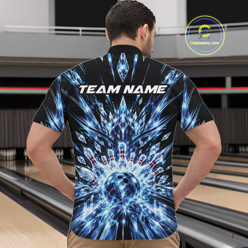 Custom Icy Blue Crystal Ice Bowling League Team Quarter Zip Shirt For Men, Bowling Jersey IPHW12440