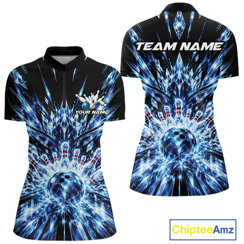 Custom Icy Blue Crystal Ice Bowling League Quarter-Zip Shirt For Women, Bowling Jersey IPHW12440