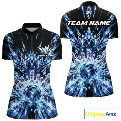 Custom Icy Blue Crystal Ice Bowling League Quarter-Zip Shirt For Women, Bowling Jersey IPHW12440
