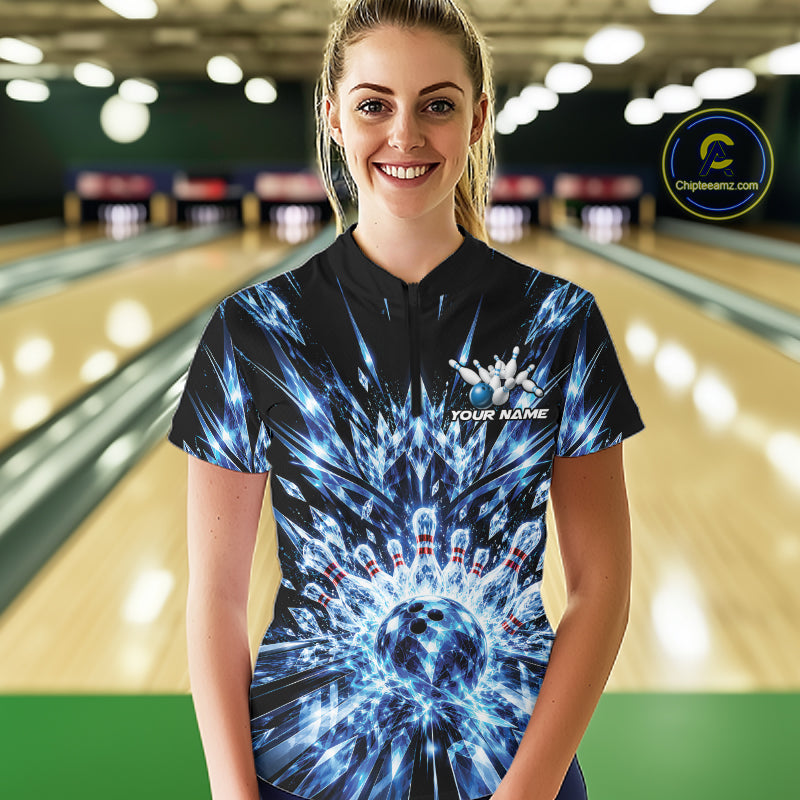 Custom Icy Blue Crystal Ice Bowling League Quarter-Zip Shirt For Women, Bowling Jersey IPHW12440