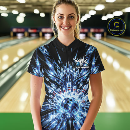 Custom Icy Blue Crystal Ice Bowling League Quarter-Zip Shirt For Women, Bowling Jersey IPHW12440