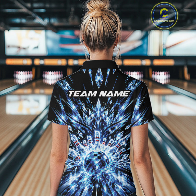 Custom Icy Blue Crystal Ice Bowling League Quarter-Zip Shirt For Women, Bowling Jersey IPHW12440