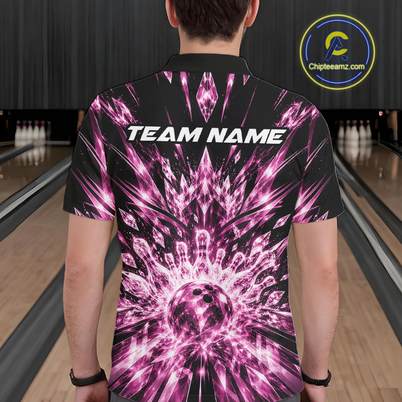 Custom Icy Pink Crystal Ice Bowling League Team Polo Shirt For Men, Bowling Jersey IPHW12441