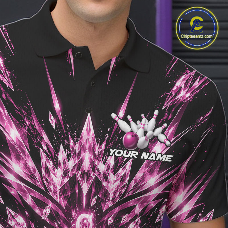 Custom Icy Pink Crystal Ice Bowling League Team Polo Shirt For Men, Bowling Jersey IPHW12441