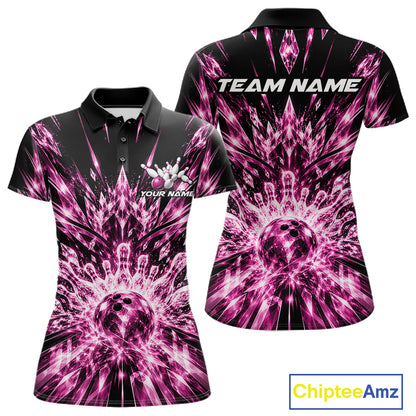 Custom Icy Pink Crystal Ice Bowling League Team Polo Shirt For Women, Bowling Jersey IPHW12441