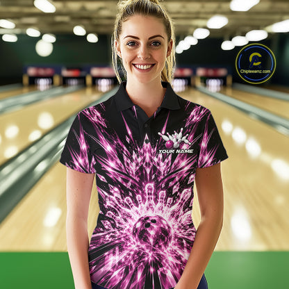 Custom Icy Pink Crystal Ice Bowling League Team Polo Shirt For Women, Bowling Jersey IPHW12441