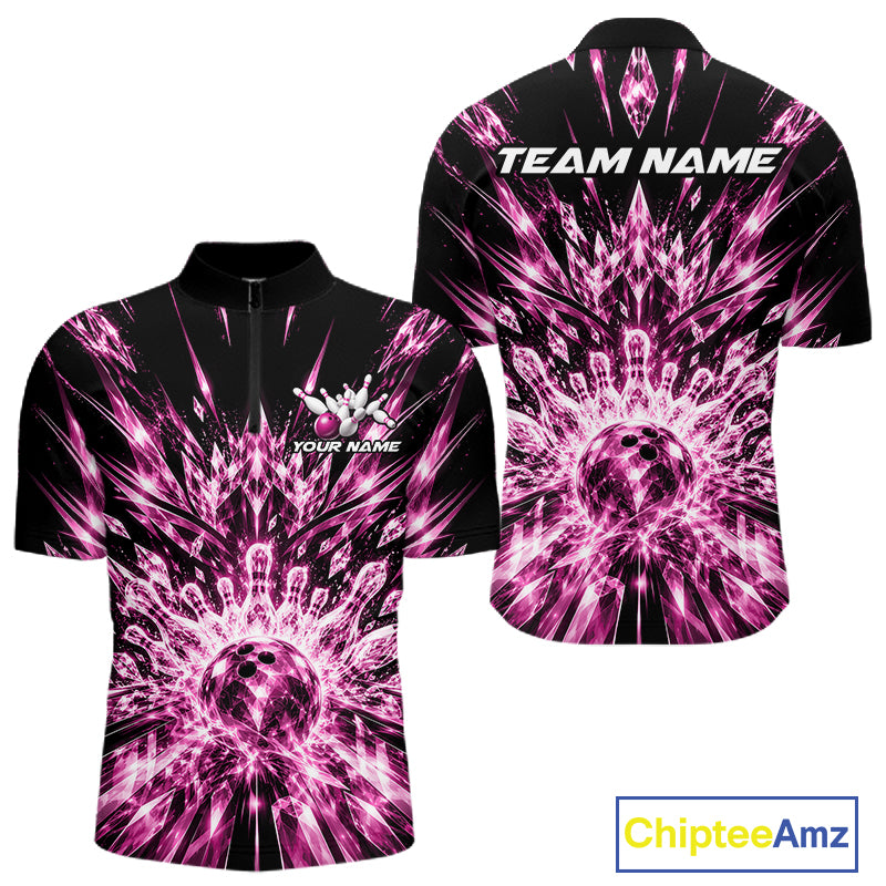 Custom Icy Pink Crystal Ice Bowling League Team Quarter Zip Shirt For Men, Bowling Jersey IPHW12441
