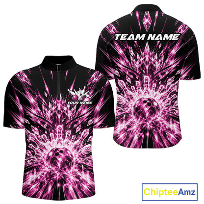 Custom Icy Pink Crystal Ice Bowling League Team Quarter Zip Shirt For Men, Bowling Jersey IPHW12441