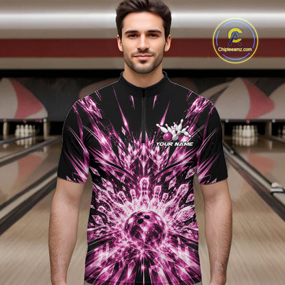 Custom Icy Pink Crystal Ice Bowling League Team Quarter Zip Shirt For Men, Bowling Jersey IPHW12441