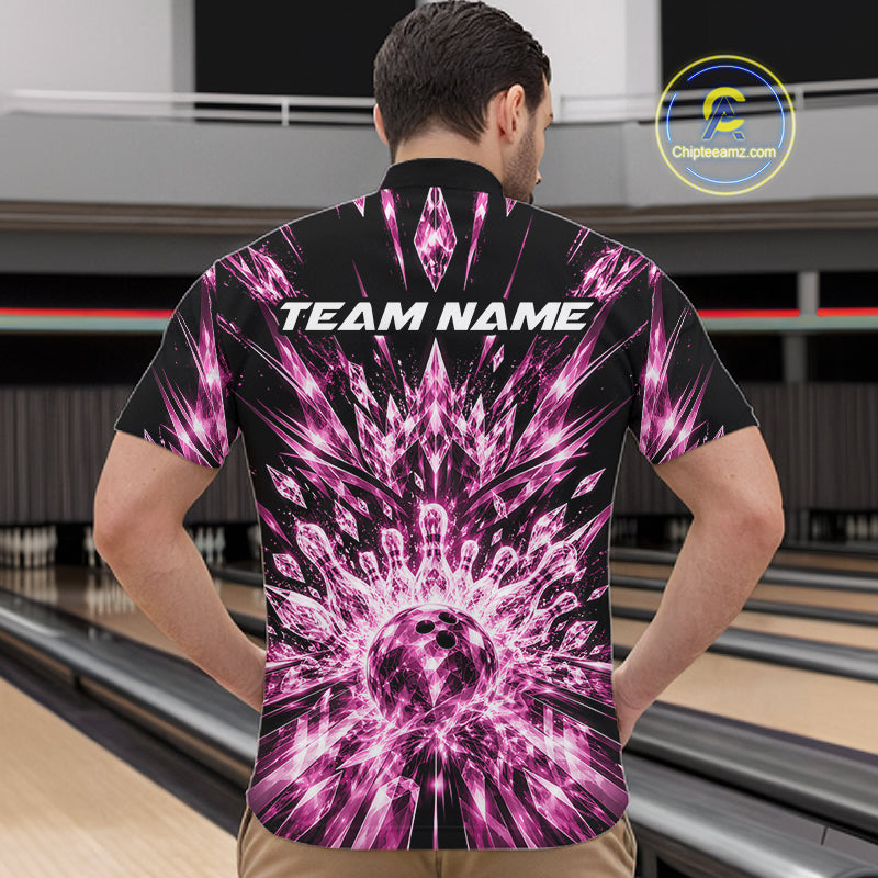 Custom Icy Pink Crystal Ice Bowling League Team Quarter Zip Shirt For Men, Bowling Jersey IPHW12441