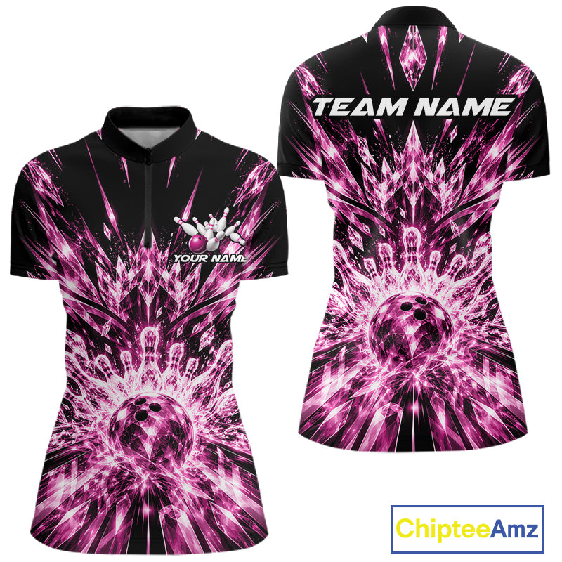 Custom Icy Pink Crystal Ice Bowling League Quarter-Zip Shirt For Women, Bowling Jersey IPHW12441