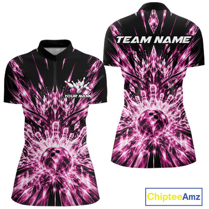 Custom Icy Pink Crystal Ice Bowling League Quarter-Zip Shirt For Women, Bowling Jersey IPHW12441