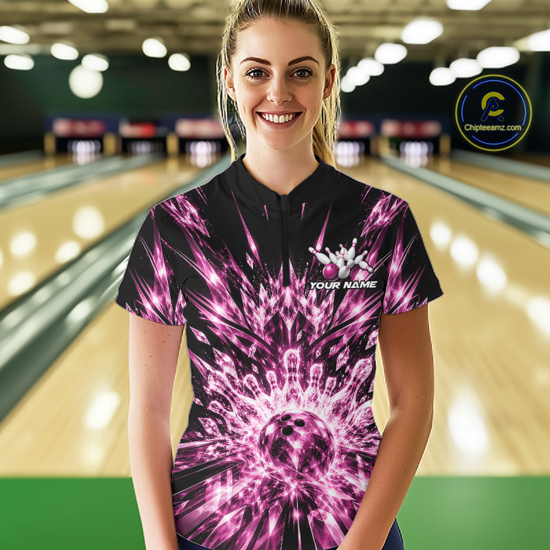 Custom Icy Pink Crystal Ice Bowling League Quarter-Zip Shirt For Women, Bowling Jersey IPHW12441