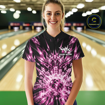 Custom Icy Pink Crystal Ice Bowling League Quarter-Zip Shirt For Women, Bowling Jersey IPHW12441