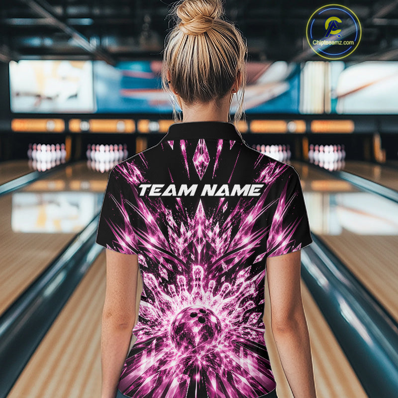 Custom Icy Pink Crystal Ice Bowling League Quarter-Zip Shirt For Women, Bowling Jersey IPHW12441