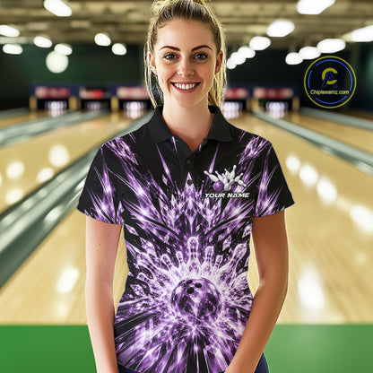 Custom Icy Purple Crystal Ice Bowling League Team Polo Shirt For Women, Bowling Jersey IPHW12442