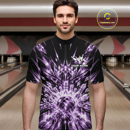 Custom Icy Purple Crystal Ice Bowling League Team Quarter Zip Shirt For Men, Bowling Jersey IPHW12442