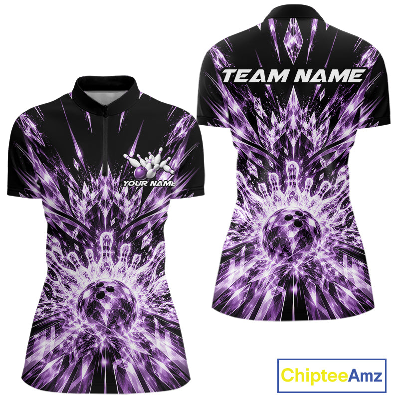 Custom Icy Purple Crystal Ice Bowling League Quarter-Zip Shirt For Women, Bowling Jersey IPHW12442