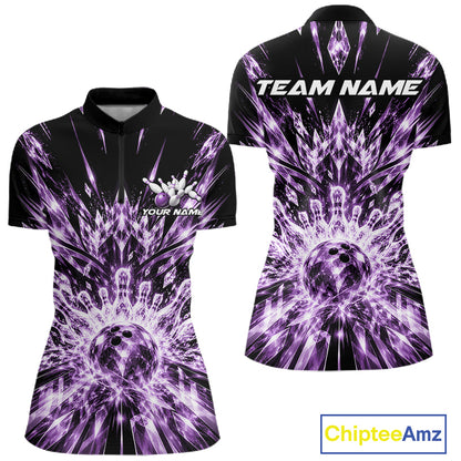 Custom Icy Purple Crystal Ice Bowling League Quarter-Zip Shirt For Women, Bowling Jersey IPHW12442