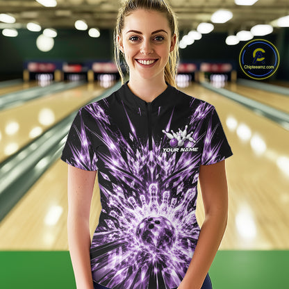 Custom Icy Purple Crystal Ice Bowling League Quarter-Zip Shirt For Women, Bowling Jersey IPHW12442