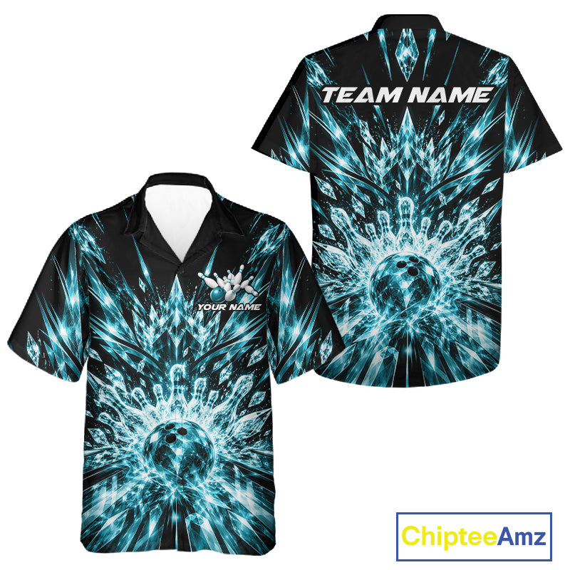 Custom Icy Cyan Crystal Ice Bowling League Team Button Up Shirt For Men And Women, Bowling Jersey IPHW12443