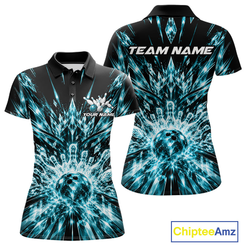 Custom Icy Cyan Crystal Ice Bowling League Team Polo Shirt For Women, Bowling Jersey IPHW12443