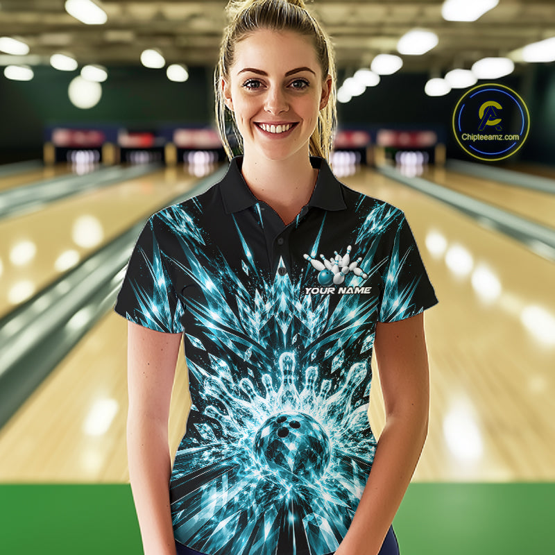 Custom Icy Cyan Crystal Ice Bowling League Team Polo Shirt For Women, Bowling Jersey IPHW12443