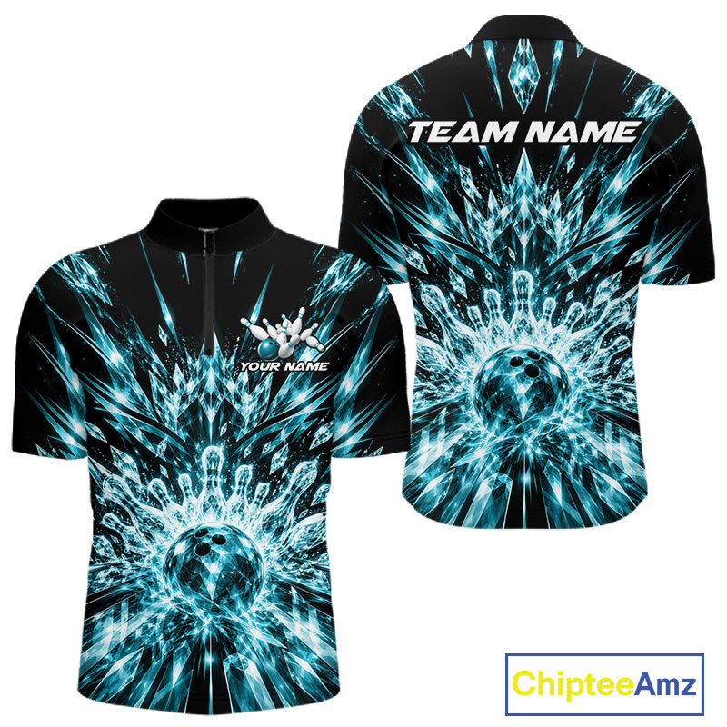 Custom Icy Cyan Crystal Ice Bowling League Team Quarter Zip Shirt For Men, Bowling Jersey IPHW12443