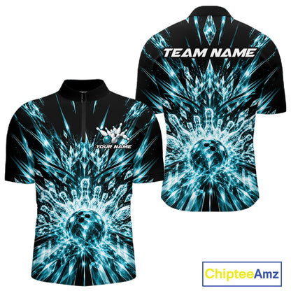 Custom Icy Cyan Crystal Ice Bowling League Team Quarter Zip Shirt For Men, Bowling Jersey IPHW12443