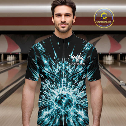 Custom Icy Cyan Crystal Ice Bowling League Team Quarter Zip Shirt For Men, Bowling Jersey IPHW12443