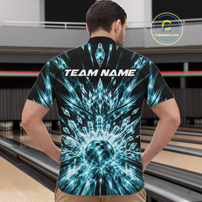 Custom Icy Cyan Crystal Ice Bowling League Team Quarter Zip Shirt For Men, Bowling Jersey IPHW12443
