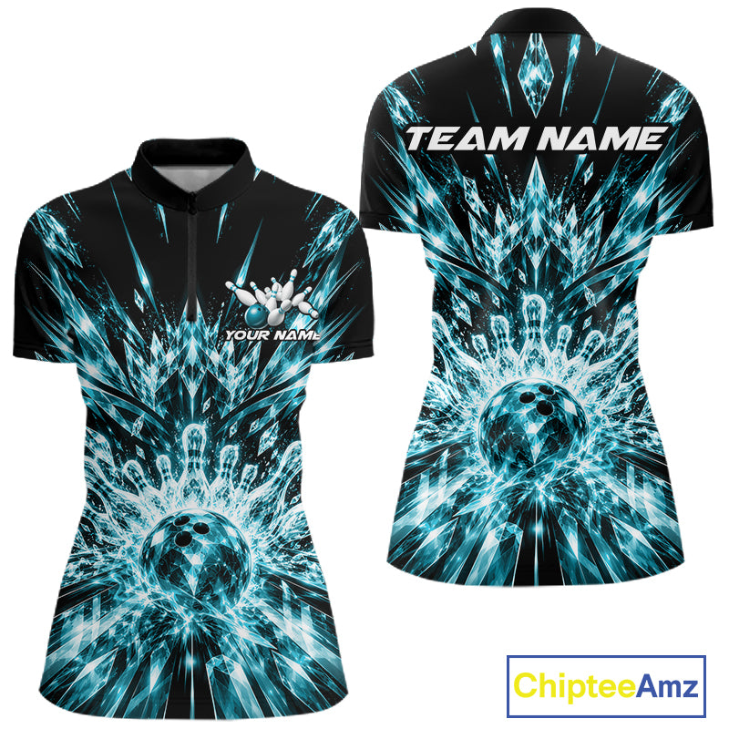 Custom Icy Cyan Crystal Ice Bowling League Quarter-Zip Shirt For Women, Bowling Jersey IPHW12443