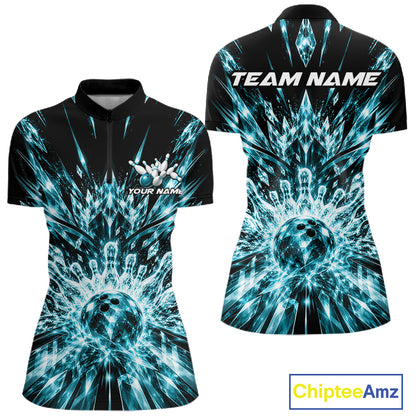 Custom Icy Cyan Crystal Ice Bowling League Quarter-Zip Shirt For Women, Bowling Jersey IPHW12443