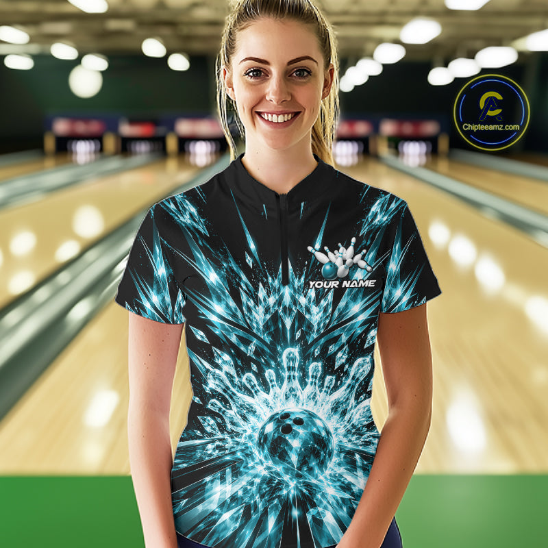 Custom Icy Cyan Crystal Ice Bowling League Quarter-Zip Shirt For Women, Bowling Jersey IPHW12443